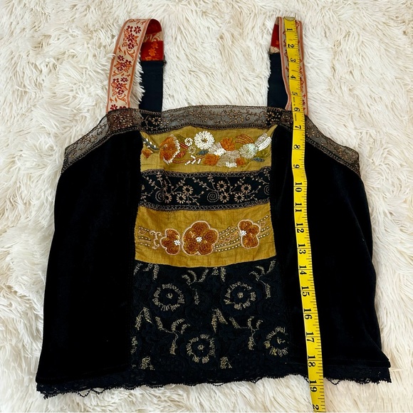 Free People Hold Me Close Embroidered Black Gold Velvet Tank Top Size: Medium - Picture 4 of 10